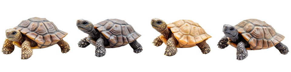 Obraz premium Four tortoises in different colors on a white isolated background., transparent background