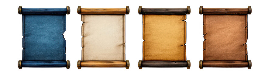 Four colorful scrolls on transparent background, perfect for creative design projects., transparent background