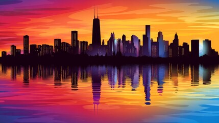 Fototapeta premium Vibrant Sunset Skyline with Reflective Water Colors