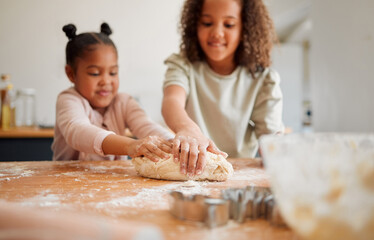 Happy, baking and kids with food in kitchen with flour, cooking and youth with family in home. Girls, cookies and breakfast with care, support and fun with culinary development and love together