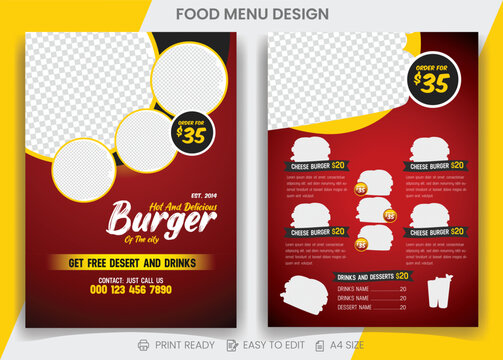 Modern fast food burger dobble page flyer and restaurant food menu vector red color template for burger promotional ads or online start-up food and drinks delivery shop.