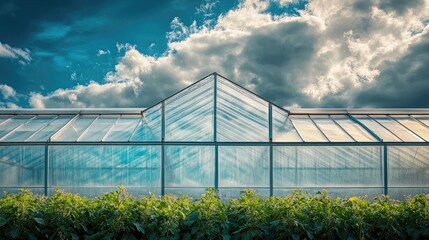 Obraz premium Greenhouses beneath a cloudy sky