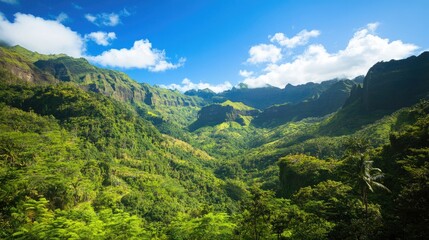 Lush Tropical Mountain Landscape Under Blue Sky