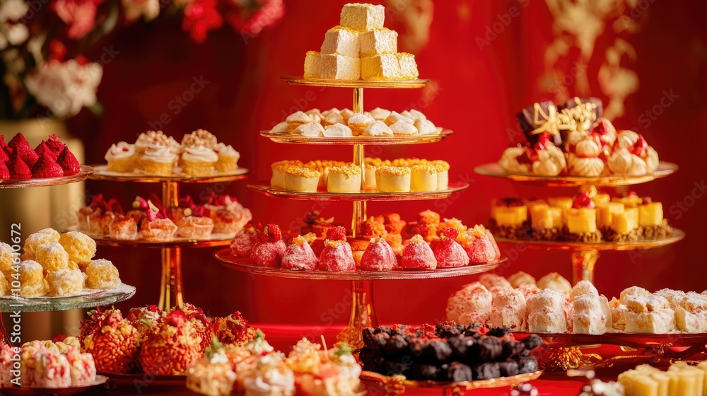 Poster opulent display of assorted sweets on a vibrant red backdrop