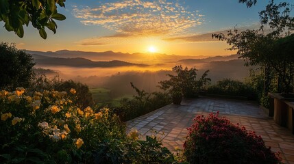 Fototapeta premium Stunning sunrise illuminating the undulating hills viewed from a serene terrace
