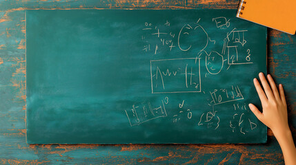 A chalkboard filled with notes, equations, and drawings, with a teacher pointing to a specific section while students eagerly take notes, symbolizing the importance of visual learning in education.