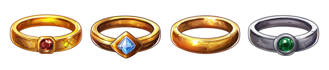 A collection of four unique rings displaying various gemstones and designs on a white isolate background., transparent background