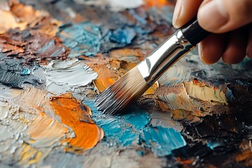 Fototapeta premium Close-up of a hand holding a paintbrush over a palette of colorful oil paints.