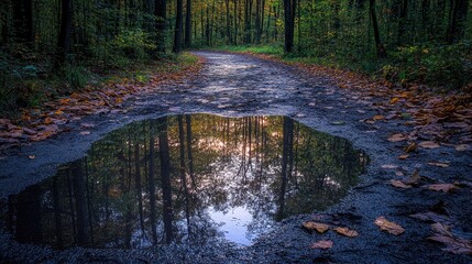 Luminous trail winding through the forest with reflections in still puddles