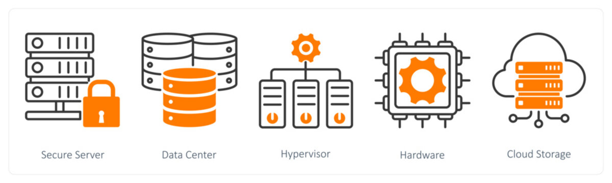 A set of 5 Technology icons as secure server, data center, hypervisor