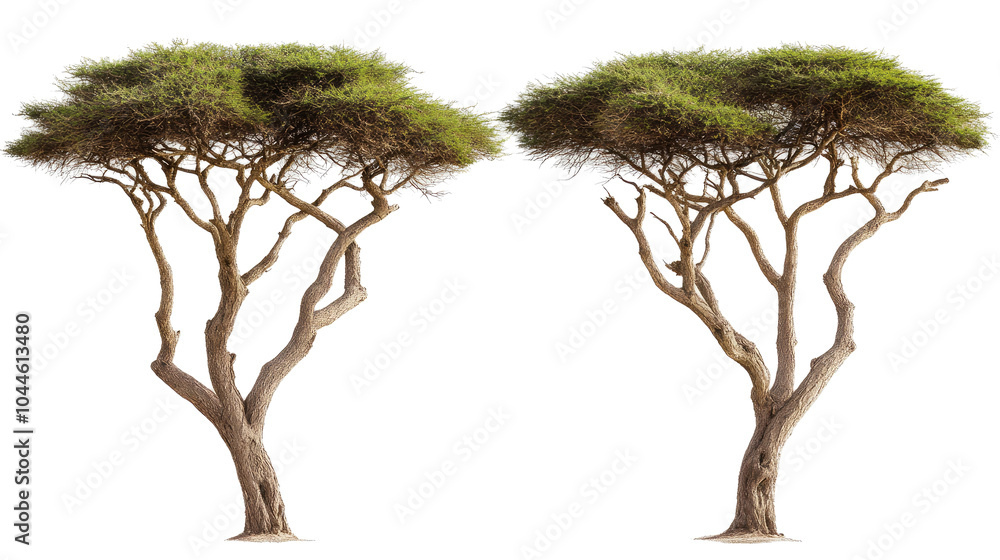 Poster set of two unique trees with distinct shapes and foliage features generative ai