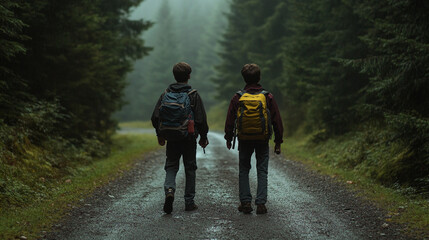 Obraz premium Two hikers exploring a misty forest trail during National Hiking Day in autumn