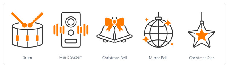 Fototapeta premium A set of 5 Christmas icons as drum, music system, christmas bell