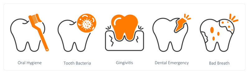A set of 5 Dental Care icons as oral hygiene, tooth bacteria, gingivitis