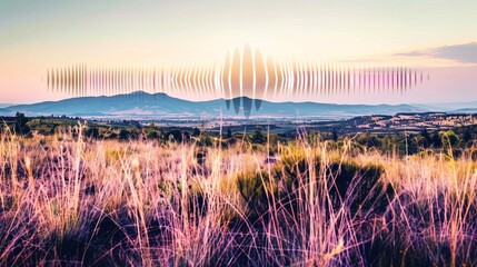 Obraz premium Sound waves radiating across a serene landscape, symbolizing the interconnectedness and harmony of natural and auditory elements.