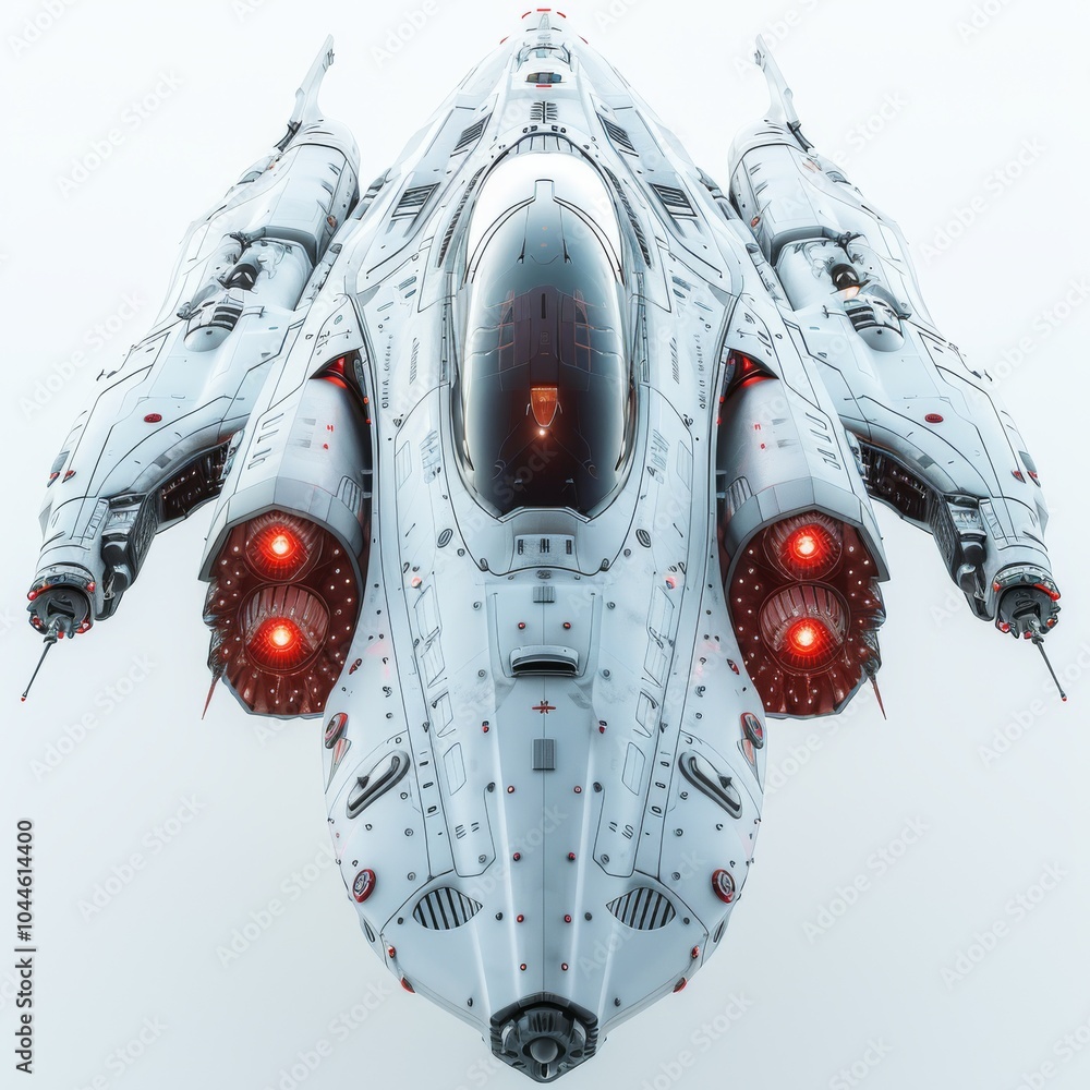 Poster futuristic spaceship 3d render in icon style