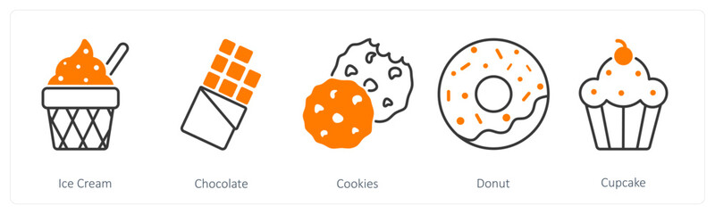 A set of 5 Food and Drink icons as ice cream, chocolate, cookies