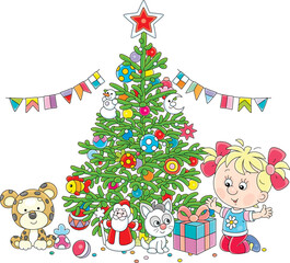 Happy little girl with a gift box near a green Christmas tree decorated with colorful holiday toys, balls, sweets and garlands, vector cartoon illustration on a white background