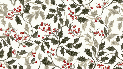 Christmas seamless pattern with holly leaves and red berries on a white background. Endless holiday ornament for printing on fabric, wallpaper.