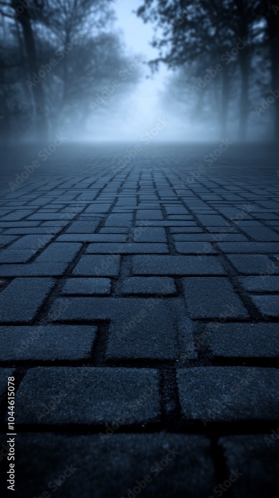 Poster a peaceful walk on a cobblestone path at dawn, with dense fog creating an enchanting atmosphere arou