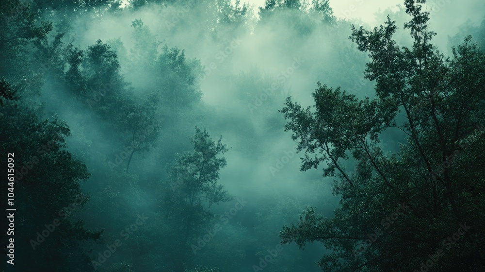 Poster a foggy forest scene with ethereal mist enveloping the trees