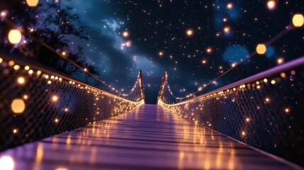 A beautifully illuminated bridge at night, adorned with glowing lights, leading to a dreamy, starry sky.