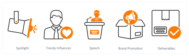 A set of 5 Influencer icons as spotlight, trendy influencer, speech