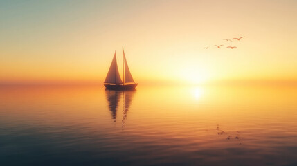 Fototapeta premium serene sunset over calm waters features sailboat silhouetted against vibrant sky, creating peaceful and tranquil atmosphere. reflection in water enhances beauty of scene