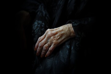 Fototapeta premium A close-up of an elderly hand with a ring, conveying age and wisdom, resting gently on dark patterned fabric.