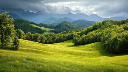 Obraz premium Lush green meadows and forests on hills overlooking majestic mountains