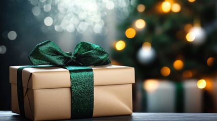 Christmas gift box with green ribbon on a festive background.