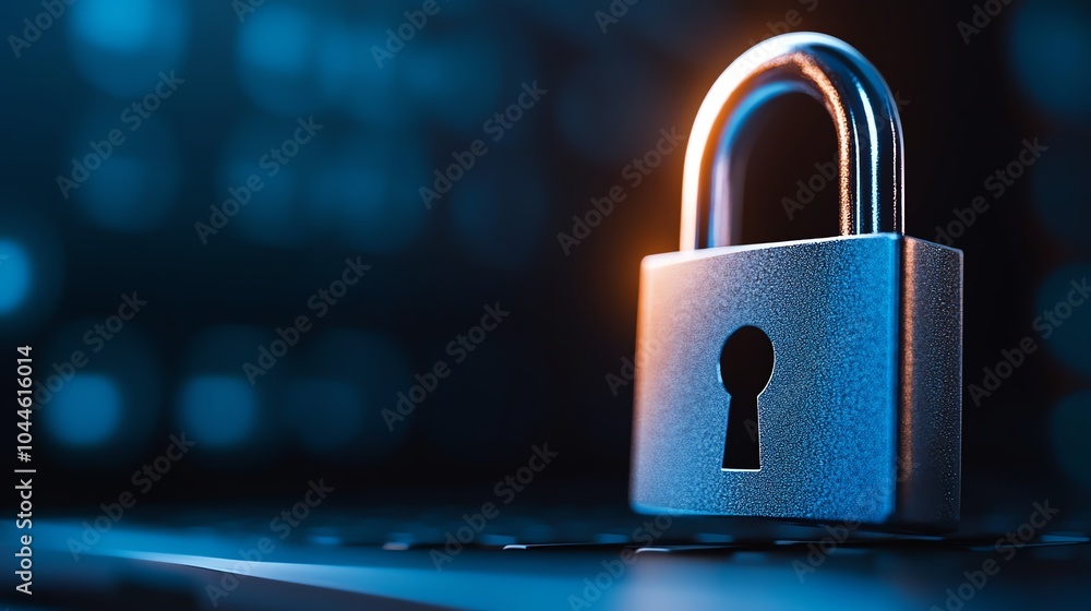 Poster close-up of a security padlock on a keyboard, illuminated with blue light.