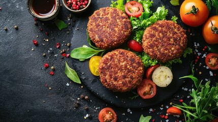 Top view of plant based meat showcasing a vegetarian cutlet for a healthy lunch option