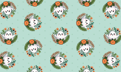 Kawaii ghost and floral pattern for textiles