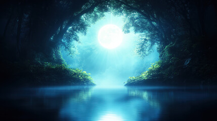 serene moonlit scene in mystical forest, featuring glowing full moon illuminating tranquil water and lush greenery. atmosphere evokes sense of calm and wonder