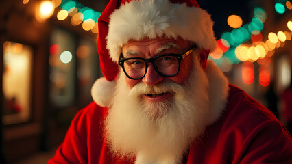Santa wears glasses in bright, fuzzy holiday light display that captures a sense of warmth and festivity.