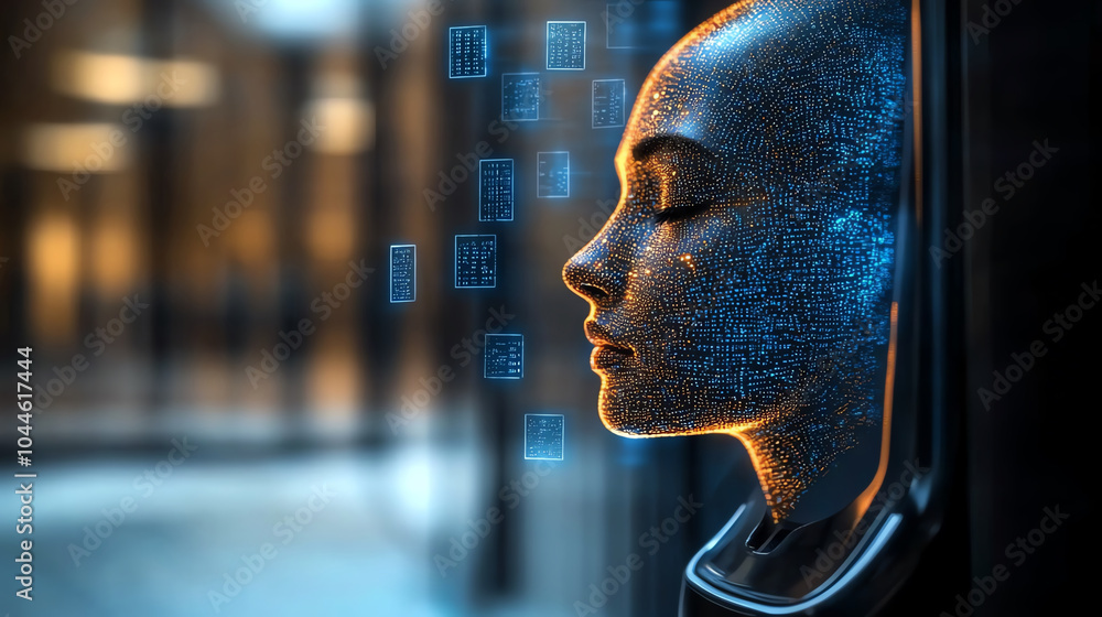Poster futuristic humanoid robot with digital interface, isolated on dark background