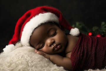 A cute baby sleeps soundly wearing a red Santa hat, wrapped in a cozy blanket, perfect for Christmas themes.