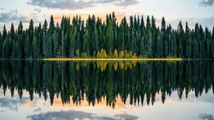 Fototapeta premium A tranquil lake reflecting a forested shoreline at sunset, showcasing vibrant colors and a serene atmosphere.