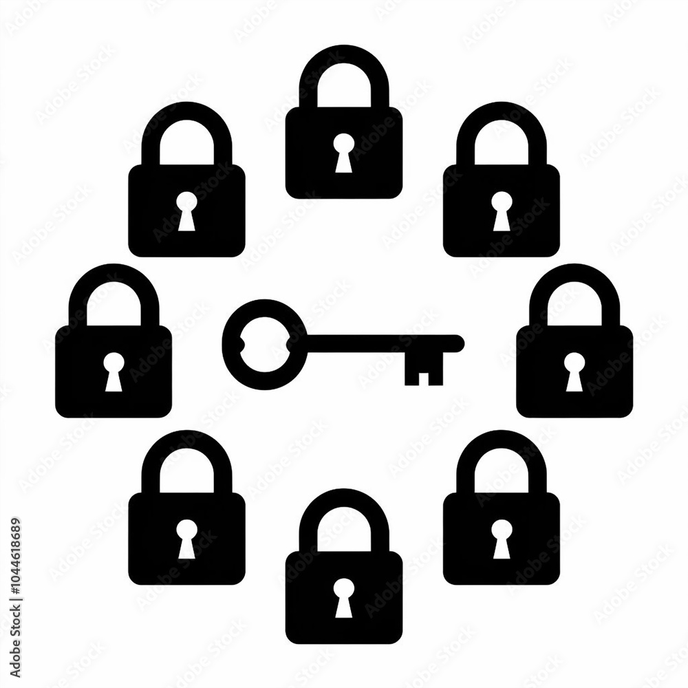 Poster a minimalist illustration featuring four padlocks each displaying a unique symbol in a simple line a