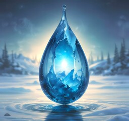 Fototapeta premium Illustration of blue glowing frozen water drop with fresh energy inside.