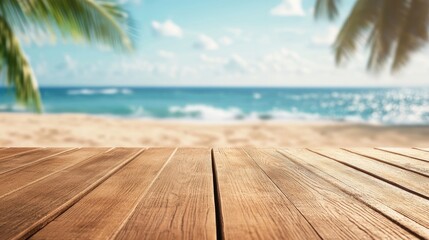 Fototapeta premium Wooden deck surface with a blurred backdrop of a sandy shore and azure ocean High quality image
