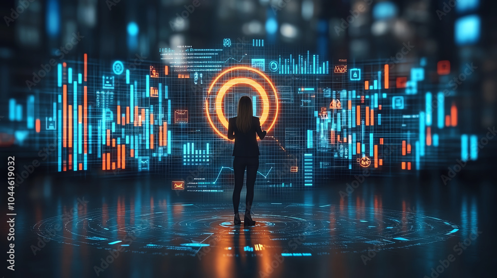 Poster silhouette of a person interacting with digital data visuals, futuristic setting.