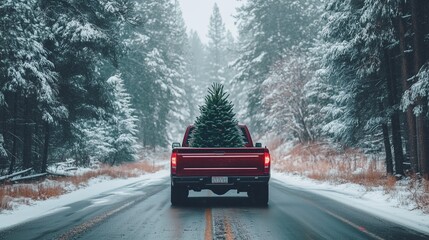 A red pickup truck transports a Christmas tree through a snowy forest road, symbolizing holiday spirit and adventure.