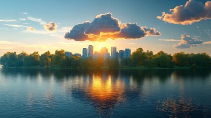 Stunning sunset over cityscape reflecting on calm waters of a tranquil lake.