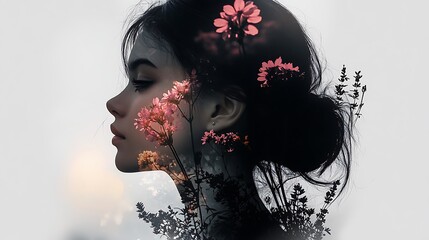 Fototapeta premium A girl’s face dissolving into lavender flowers, the delicate petals seamlessly blending into her features on a light gray background, soft ambient light casting gentle shadows,