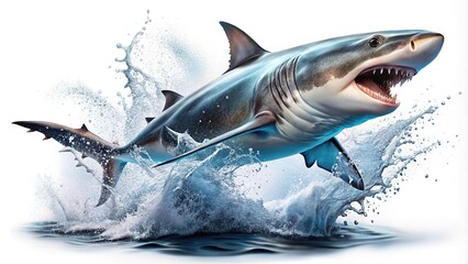 Naklejka premium Silhouette of a flying shark with open jaw in water splash on white background