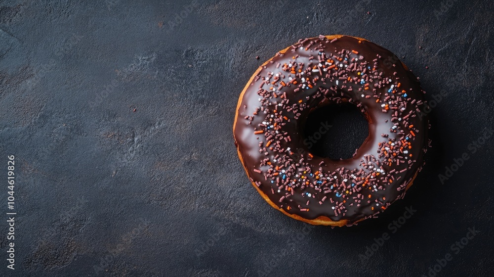 Poster chocolate donut on a dark backdrop seen from above flat lay composition with ample space for text