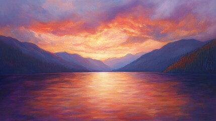 Fototapeta premium Serene Sunset over Tranquil Mountain Lake