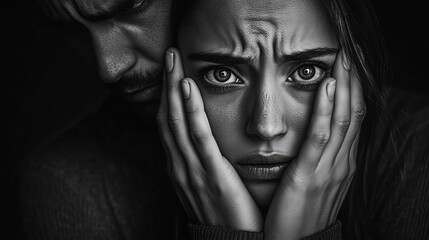 Fototapeta premium Close-up black and white portrait capturing intense emotions and tension, highlighting expressive eyes and facial details.